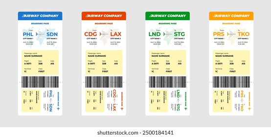 Airline ticket and airplane boarding pass vertical design template set. Business plane journey airways company passenger name and flight information. Flying travel booking different colors coupon. Eps