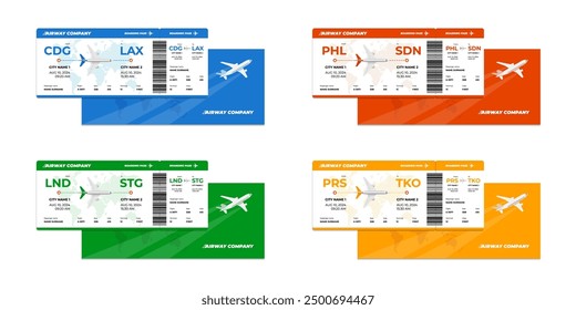 Conjunto de Plantillas de diseño de boletos de avión y tarjetas de embarque de avión. Nombre del pasajero de la compañía aérea de viaje en avión de negocios e información de vuelo. Viaje de vuelo reservando diferentes colores de Cupón. Eps