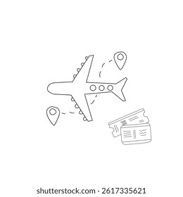 Airline Ticket and airplane icon black and white. Vector illustration of airline ticket design with red airplane icon and barcode. Coloring book
