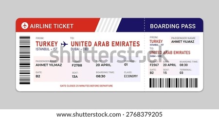Airline ticket and boarding pass template. Realistic airline flight boarding pass ticket layout with trip concept