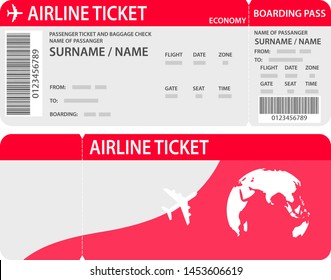 Airline ticket or boarding pass for traveling by plane isolated on white.Plane ticket template. Air economy flight. Red design. Boarding Pass to take off the aircraft. Vector illustration.