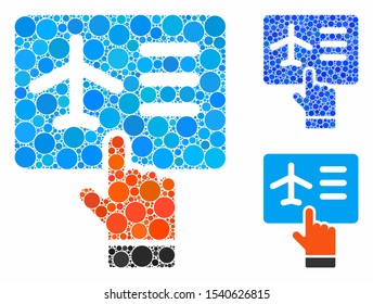 Airline ticket booking composition of filled circles in various sizes and color tints, based on airline ticket booking icon. Vector filled circles are composed into blue composition.