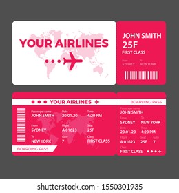 Airline ticket design with flight time and passenger name. vector illustration