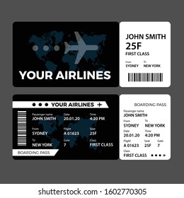 Airline ticket design with flight time and passenger name. vector illustration