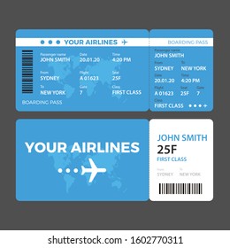 Airline ticket design with flight time and passenger name. vector illustration