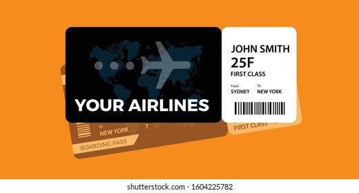 Airline ticket design with flight time and passenger name. vector illustration