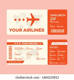 Airline ticket design with flight time and passenger name. vector illustration