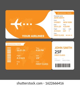 Airline ticket design with flight time and passenger name. vector illustration