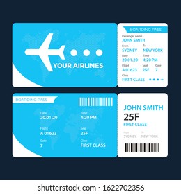 Airline ticket design with flight time and passenger name. vector illustration