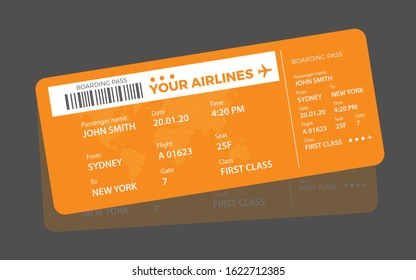 Airline ticket design with flight time and passenger name. vector illustration