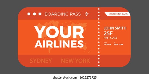 Airline ticket design with flight time and passenger name. vector illustration