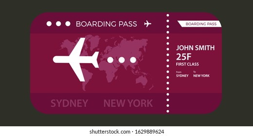 Airline ticket design with flight time and passenger name. vector illustration