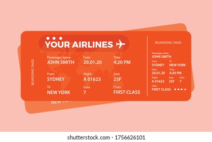 Airline ticket design with flight time and passenger name. vector illustration