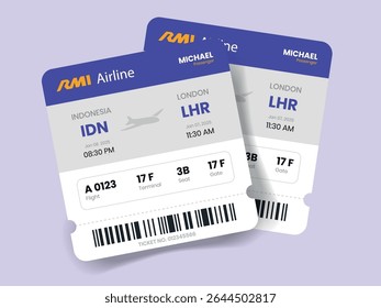 Airline ticket design. Vector illustration of a boarding pass of a plane ticket with passenger name and destination. Modern concept, travel, exploration or business trip