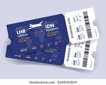 Projeto de bilhete de avião. Ilustração vetorial de um cartão de embarque de um bilhete de avião com o nome do passageiro e o destino. Conceito moderno, viagem, exploração ou viagem de negócios