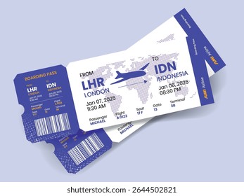 Projeto de bilhete de avião. Ilustração vetorial de um cartão de embarque de um bilhete de avião com o nome do passageiro e o destino. Conceito moderno, viagem, exploração ou viagem de negócios