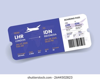 Projeto de bilhete de avião. Ilustração vetorial de um cartão de embarque de um bilhete de avião com o nome do passageiro e o destino. Conceito moderno, viagem, exploração ou viagem de negócios