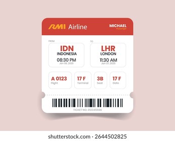 Projeto de bilhete de avião. Ilustração vetorial de um cartão de embarque de um bilhete de avião com o nome do passageiro e o destino. Conceito moderno, viagem, exploração ou viagem de negócios