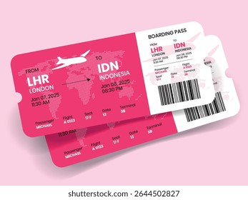 Projeto de bilhete de avião. Ilustração vetorial de um cartão de embarque de um bilhete de avião com o nome do passageiro e o destino. Conceito moderno, viagem, exploração ou viagem de negócios