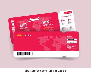 Projeto de bilhete de avião. Ilustração vetorial de um cartão de embarque de um bilhete de avião com o nome do passageiro e o destino. Conceito moderno, viagem, exploração ou viagem de negócios