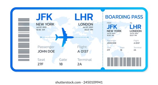 Airline ticket. Flight, boarding pass design. Travel by plane concept. Vector illustration.