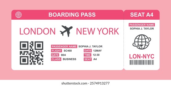 Airline ticket. Flight boarding pass.  Plane ticket with city, passenger, gate, flight, class, seat. Travel concept, flat vector illustration.