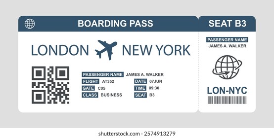 Airline ticket. Flight boarding pass.  Plane ticket with city, passenger, gate, flight, class, seat. Travel concept, flat vector illustration.