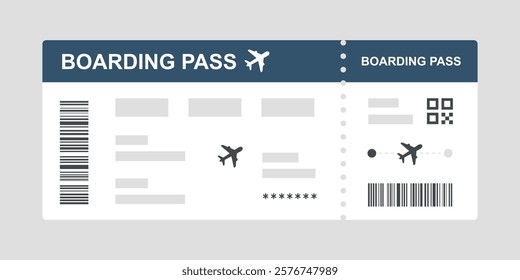 Airline ticket. Flight boarding pass.  Plane ticket with city, passenger, gate, flight, class, seat. Travel concept, flat vector illustration.