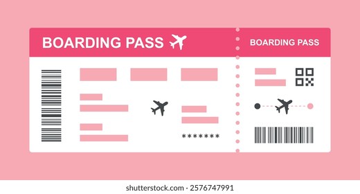 Airline ticket. Flight boarding pass.  Plane ticket with city, passenger, gate, flight, class, seat. Travel concept, flat vector illustration.