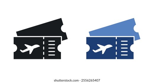 Airline ticket icon set in black and colored versions.