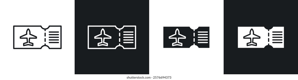 Airline ticket icons collection in black and white solid and line style