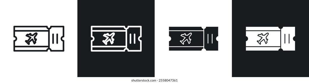 Airline ticket icons pack in black and white filled and outlined versions.