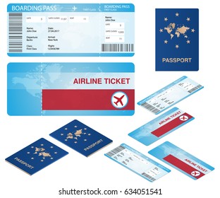 Airline ticket and passport mocks with isometric projections isolated on white