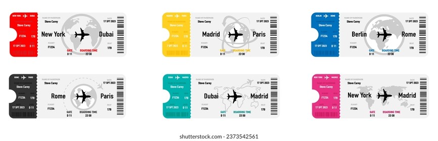 Airline ticket templates. Plane tickets illustration. Flight boarding pass collection. Airway ticket set. Airline coupons. Vector Illustration. Vector graphic. EPS 10