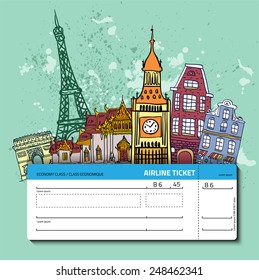 Airline ticket. Travel background.  All elements and textures are individual objects. Vector illustration scale to any size.