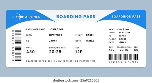 Airline ticket vector illustration. Modern boarding pass design template. Blue airplane ticket design. concept of fly, travel pass