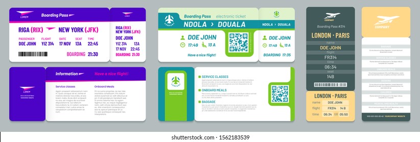 Airline tickets. Airplane boarding pass, travel flight invitation and business airplane trip ticket. Air traveling tickets document with flight date. Isolated vector illustration icons set