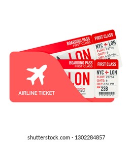 Airline tickets or boarding pass inside of special service envelope. Tickets icon. Vector stock illustration.