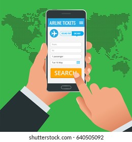 Airline tickets booking online app phone concept. Book your ticket online and pay the amount at anywhere in the world. Vector illustration.