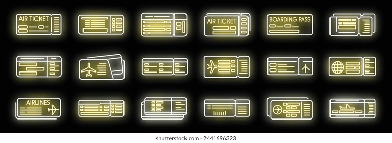 Airline tickets icons set outline vector. Travel trip. Airplane plane neon color on black