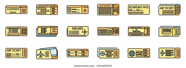 Airline tickets icons set outline vector. Travel trip. Airplane plane thin line color flat isolated