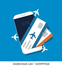 Airline tickets on smartphone screen. Concept for buying tickets online. Vector illustration in flat style.