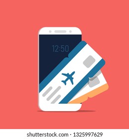 Airline tickets on smartphone screen. Concept for buying tickets online. Vector illustration in flat style.