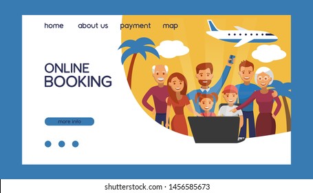 Airline tickets online booking vector illustration. Book online tickets. Travel, business flights worldwide. Happy family with grandparents and children making ticket reservation on laptop computer.