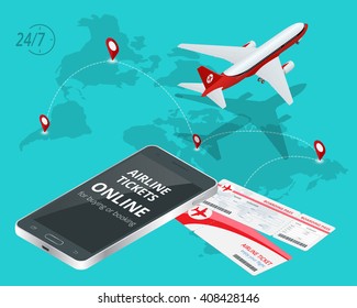 Airline tickets online Buying or booking. Travel, business flights worldwide. Internation  flights. Flat 3d isometric vector illustration. Boarding pass