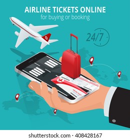 Airline tickets online. Buying or booking online ticket. Travel, business flights worldwide.  Flat 3d isometric vector illustration. Boarding pass