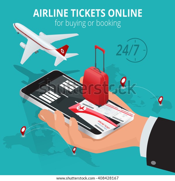 航空券オンライン オンラインチケットの購入または予約 世界中を旅して ビジネスフライトを飛ばします 平面3dアイソメベクターイラスト 搭乗券 のベクター画像素材 ロイヤリティフリー