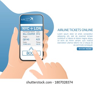 Airline tickets online with hands and smartphone in flat style. Isolated vector illustration.