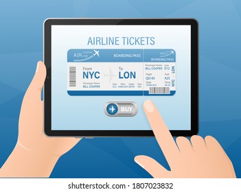 Airline tickets online with hands and tablet in flat style. Isolated vector illustration.