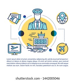Airline traffic article page vector template. Aircraft pilot. Brochure, magazine, booklet design element with linear icons and text boxes. Print design. Concept illustrations with text space 